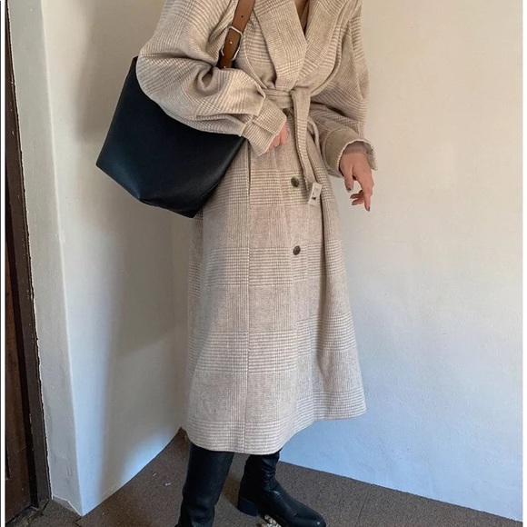 Coat long plaid vintage lantern puff sleeve runway womens soft khaki belt - Picture 9 of 10